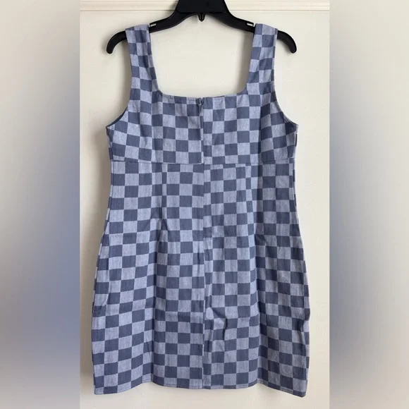 NWT Blue Blush Denim Checkered Mini Dress Size Large Square Neckline Sleeveless - Picture 2 of 9